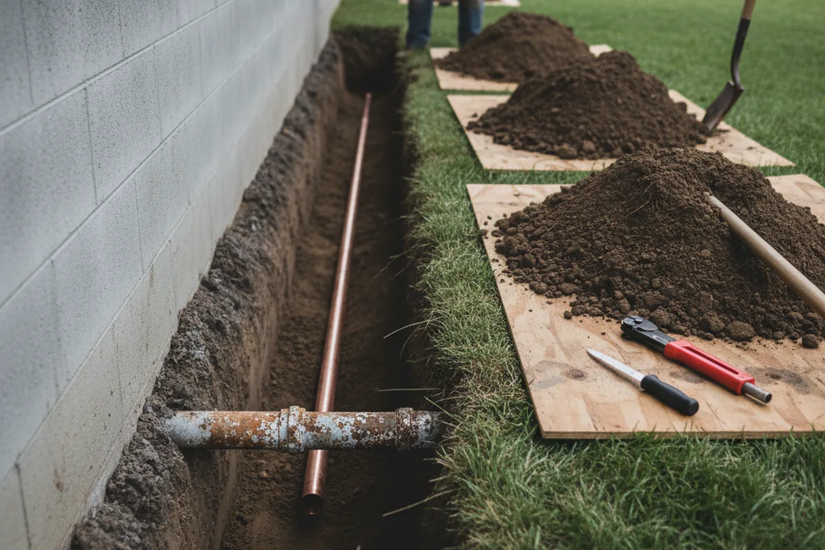 Excavated water line trench during Sewer Line Repair in Lincoln